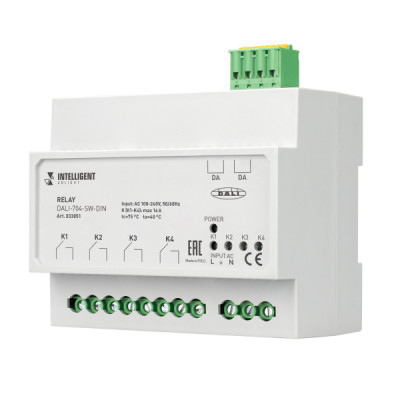 INTELLIGENT ARLIGHT Релейный модуль DALI-704-SW-DIN (BUS, 4х16A) (INTELLIGENT ARLIGHT, IP20 Пластик, 3 года)